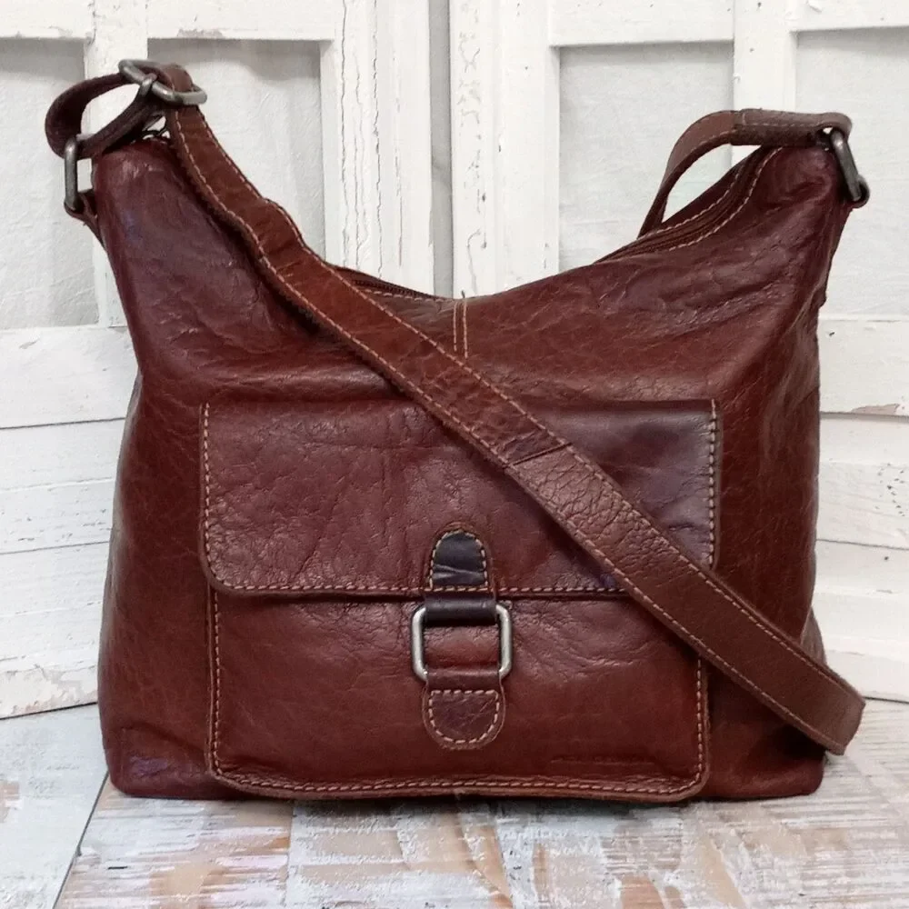 Y2K Jack Georges Voyager Hobo Crossbody Bag Brown Buffalo Leather Boho Utility